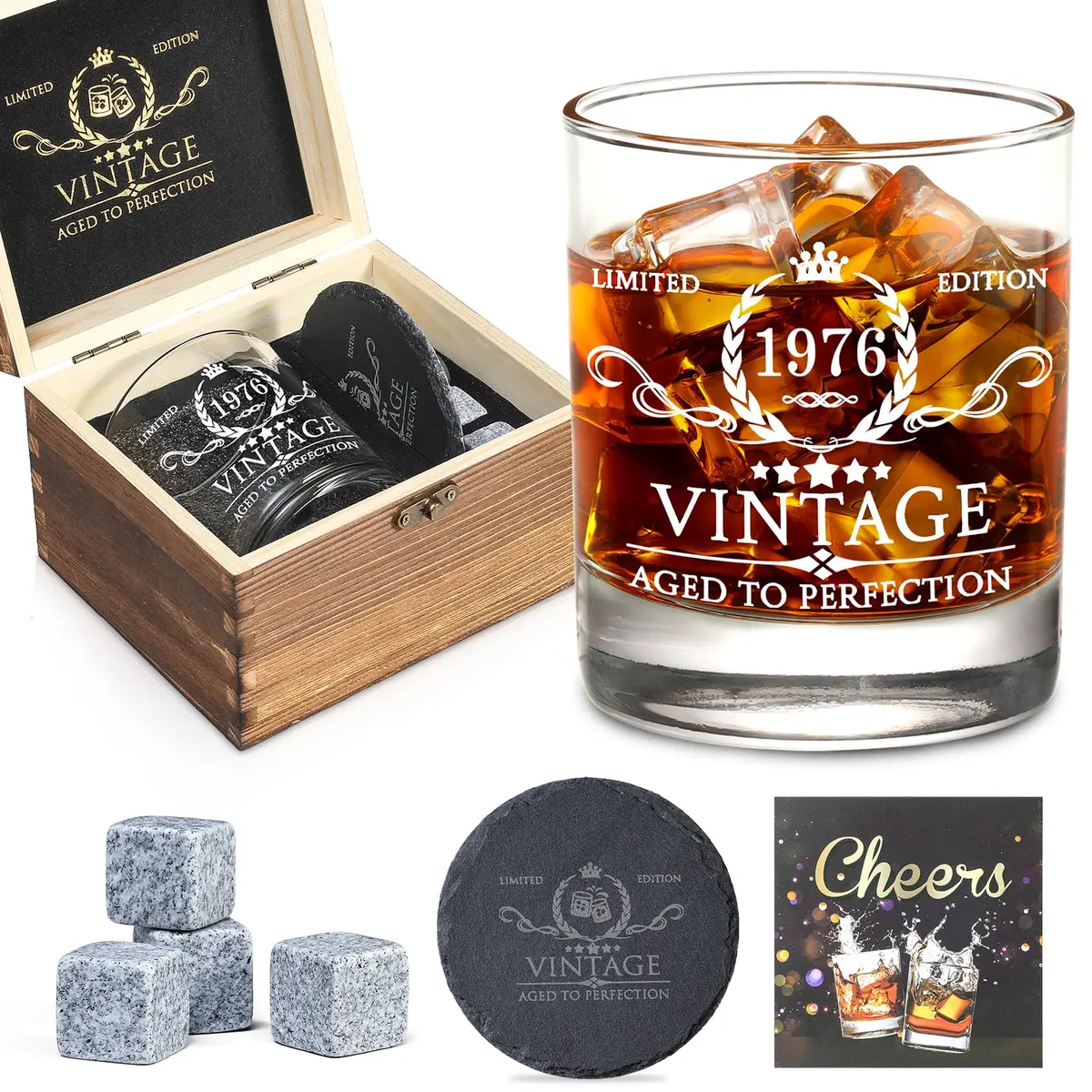 AOZITA 50th Birthday Whiskey Glass Set - 11oz Classic Old Fashioned Glass with Wooden Box & Whiskey Stones - main product image