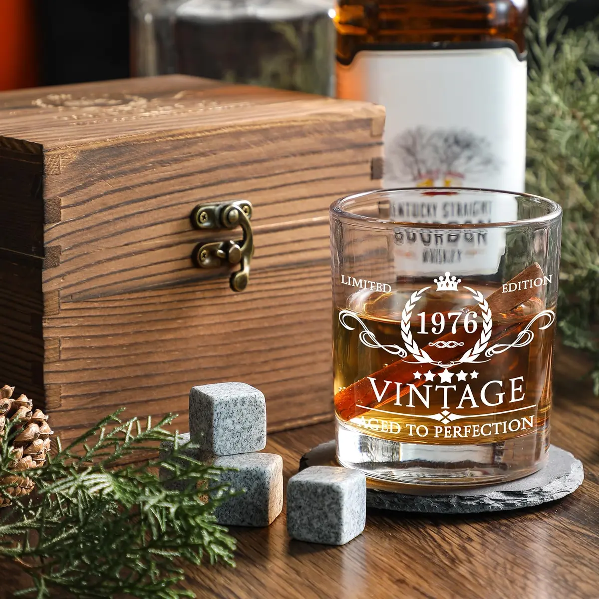 AOZITA 50th Birthday Whiskey Glass Set - 11oz Classic Old Fashioned Glass with Wooden Box & Whiskey Stones - view 5