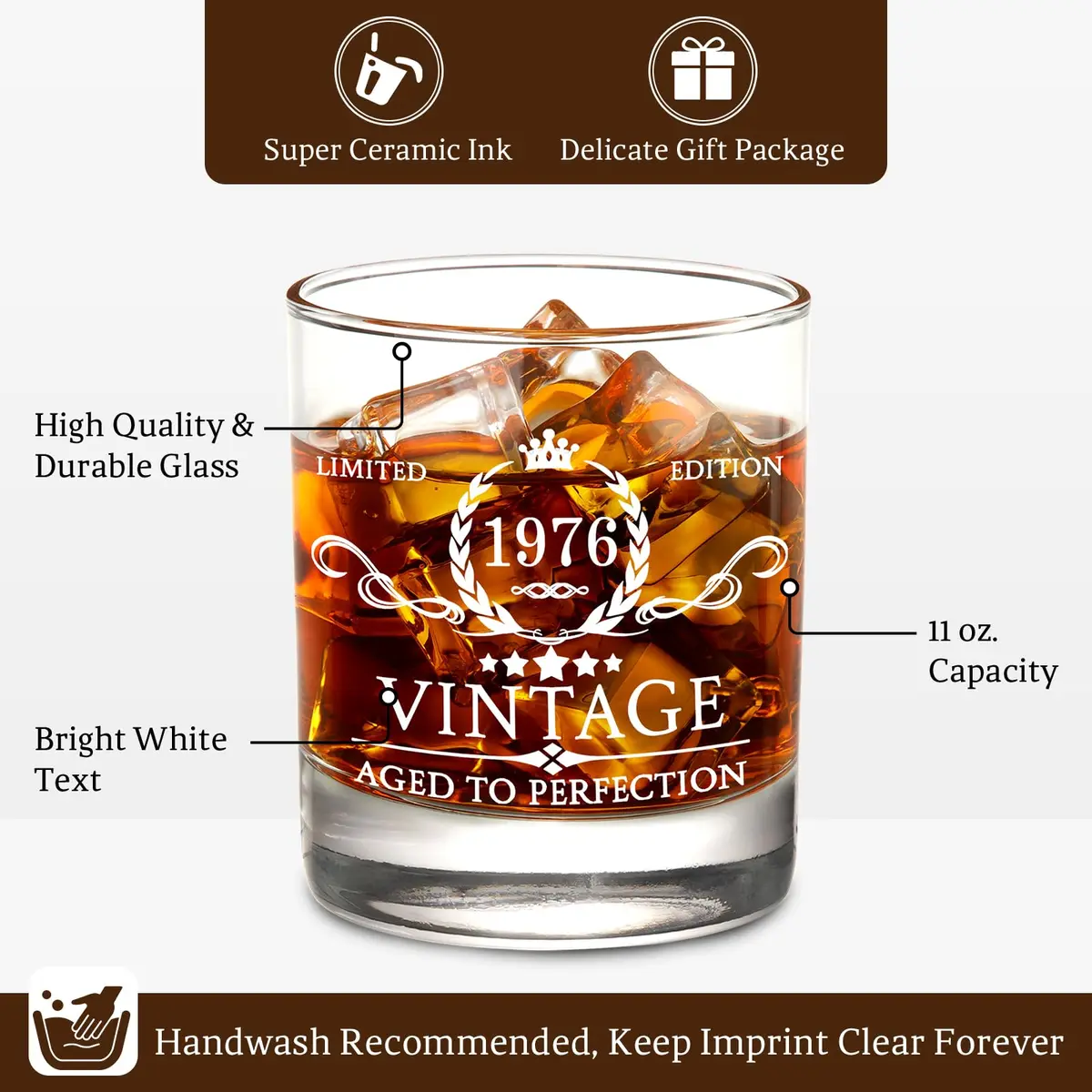 AOZITA 50th Birthday Whiskey Glass Set - 11oz Classic Old Fashioned Glass with Wooden Box & Whiskey Stones - view 7