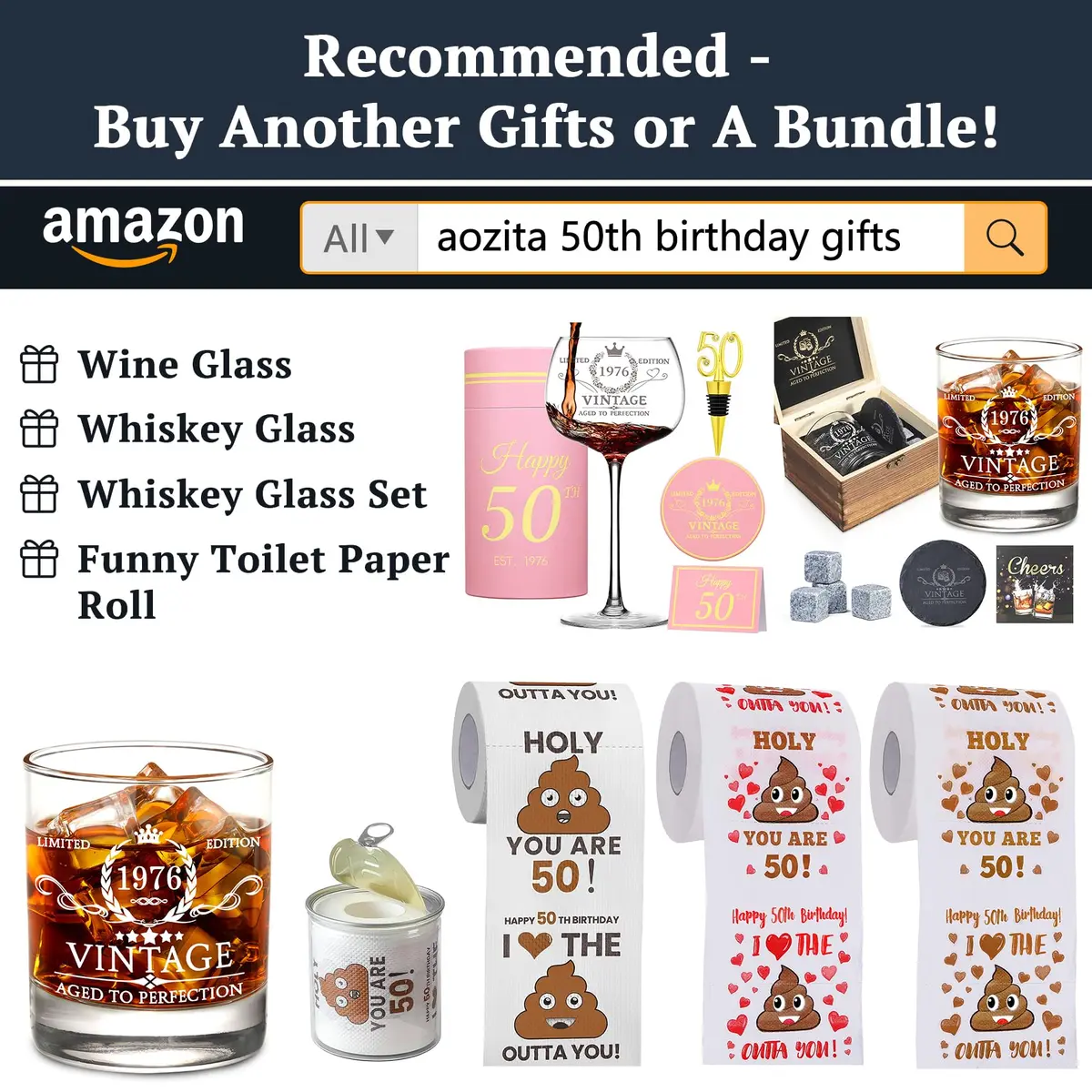 AOZITA 50th Birthday Whiskey Glass Set - 11oz Classic Old Fashioned Glass with Wooden Box & Whiskey Stones - view 2