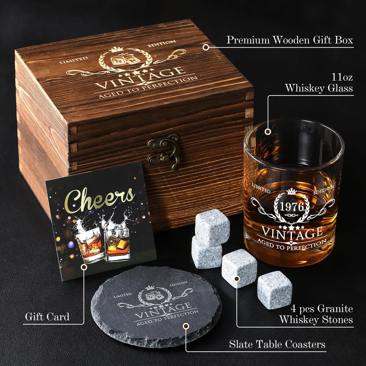 AOZITA 50th Birthday Whiskey Glass Set - 11oz Classic Old Fashioned Glass with Wooden Box & Whiskey Stones - view 3