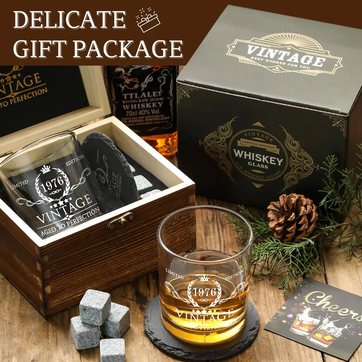 AOZITA 50th Birthday Whiskey Glass Set - 11oz Classic Old Fashioned Glass with Wooden Box & Whiskey Stones - view 4