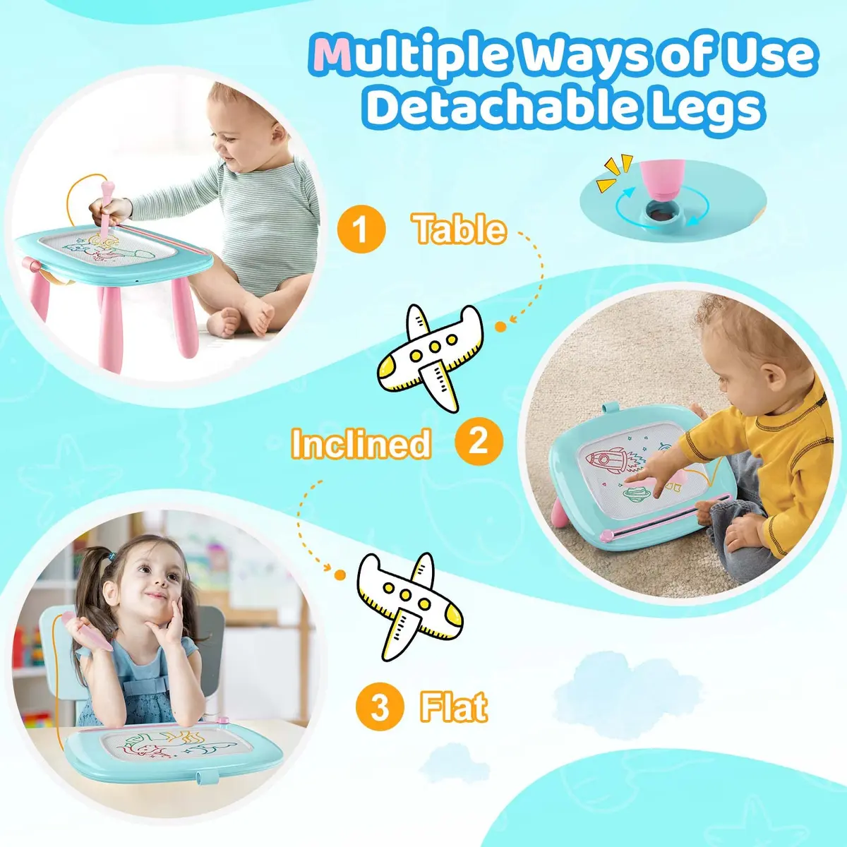 Kikidex Magnetic Drawing Board Toddler Toys Age 1-3 | Mess-Free Doodle Pad for Kids Birthday Gift (Mint Blue) - view 4
