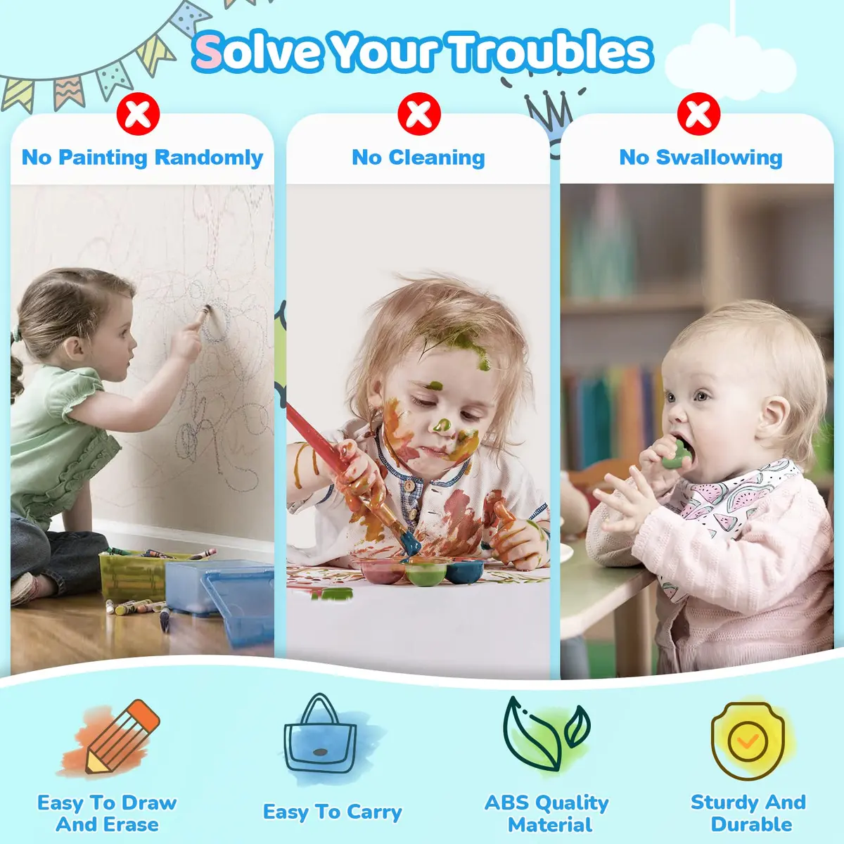Kikidex Magnetic Drawing Board Toddler Toys Age 1-3 | Mess-Free Doodle Pad for Kids Birthday Gift (Mint Blue) - view 3
