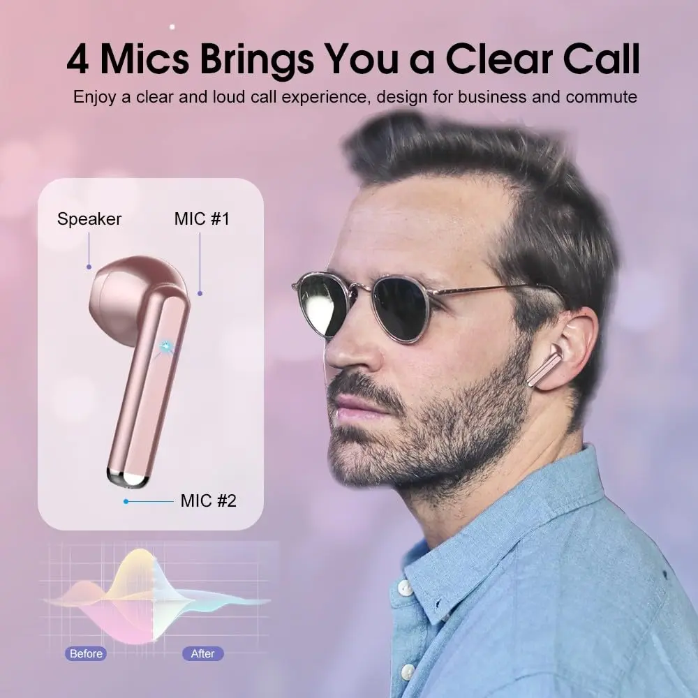 OYIB Wireless Earbuds Bluetooth 5.3, ENC Mic, 25H Playtime, IPX7 Waterproof, Rose Gold | HD Stereo Sound - view 2