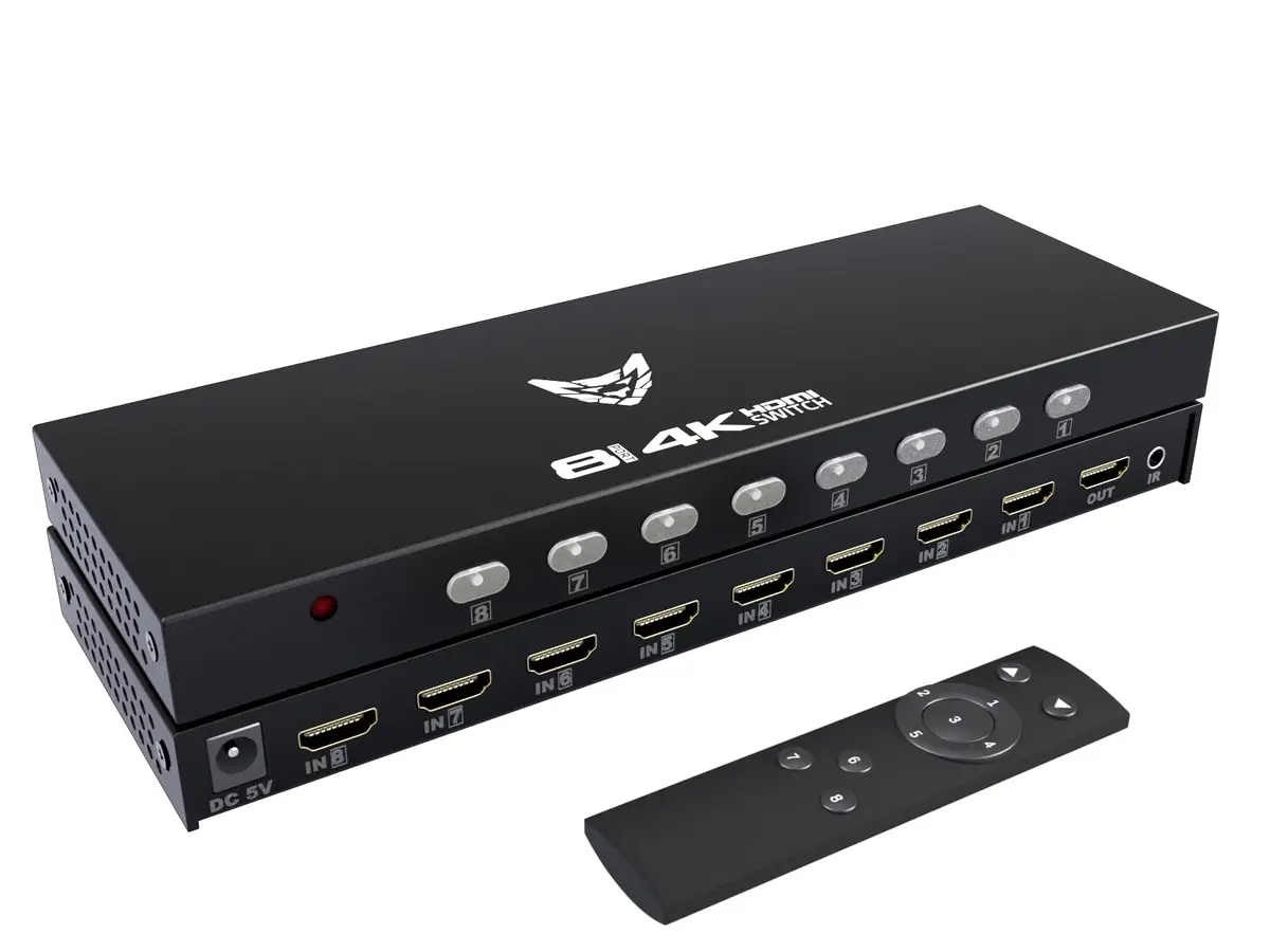 DiamondTiger 8 Port 4K HDMI Switcher Box IR Remote Control PC PS4 Xbox | 4K@30Hz, 8-in-1 Out, Durable Metal Enclosure - main product image