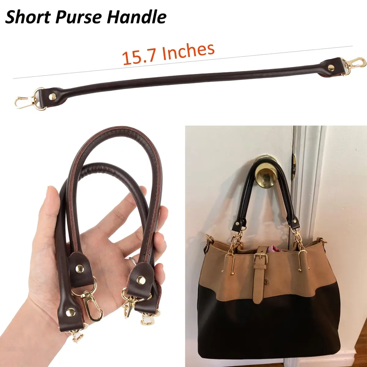 AUEAR Gold 2 Pack Purse Straps Replacement Leather Handbag Handles with Gold Metal Lobster Buckles | Modern Solid - view 2