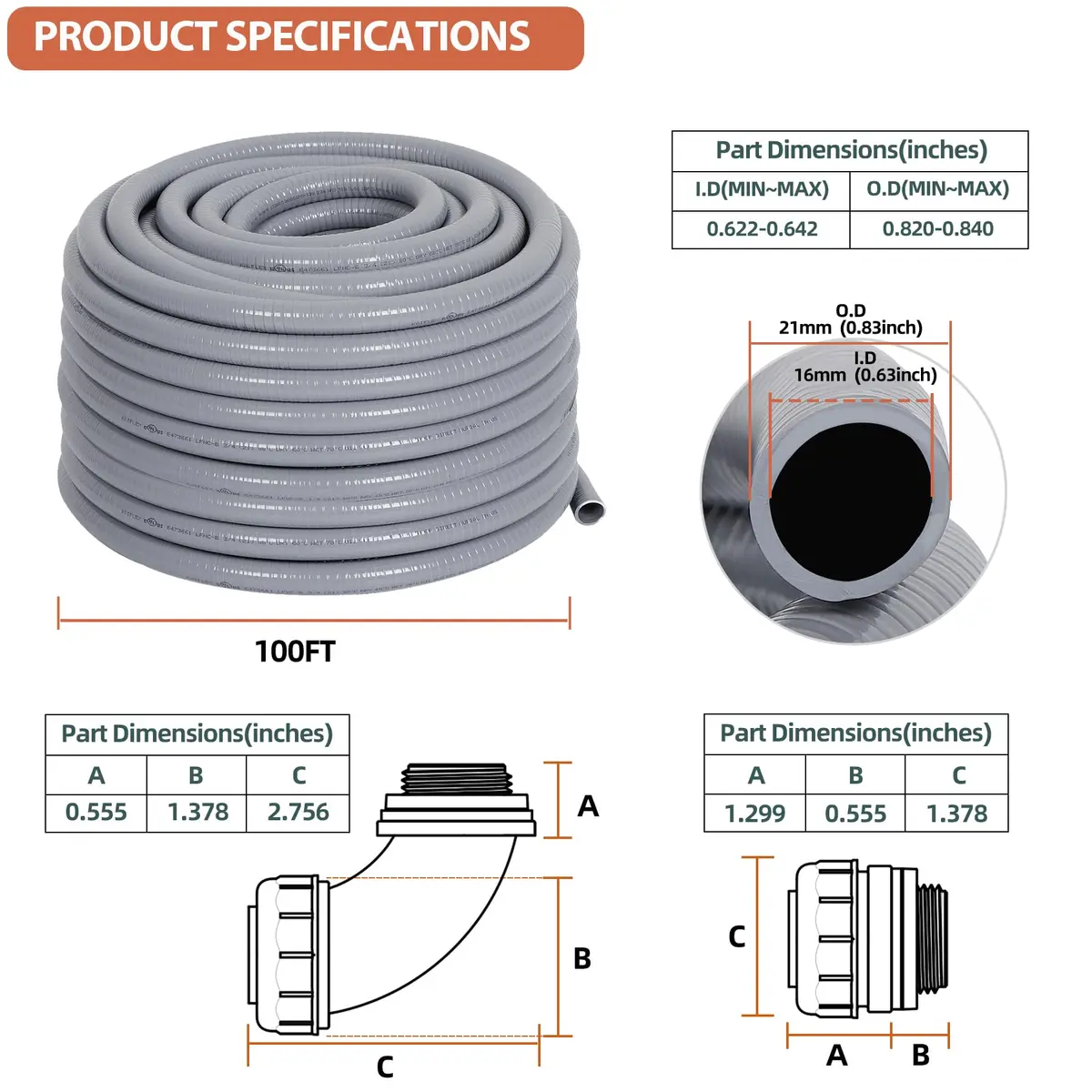 Neorexon Liquid-Tight Conduit 1/2 inch | 100ft PVC Outdoor Electrical Pipe - view 2