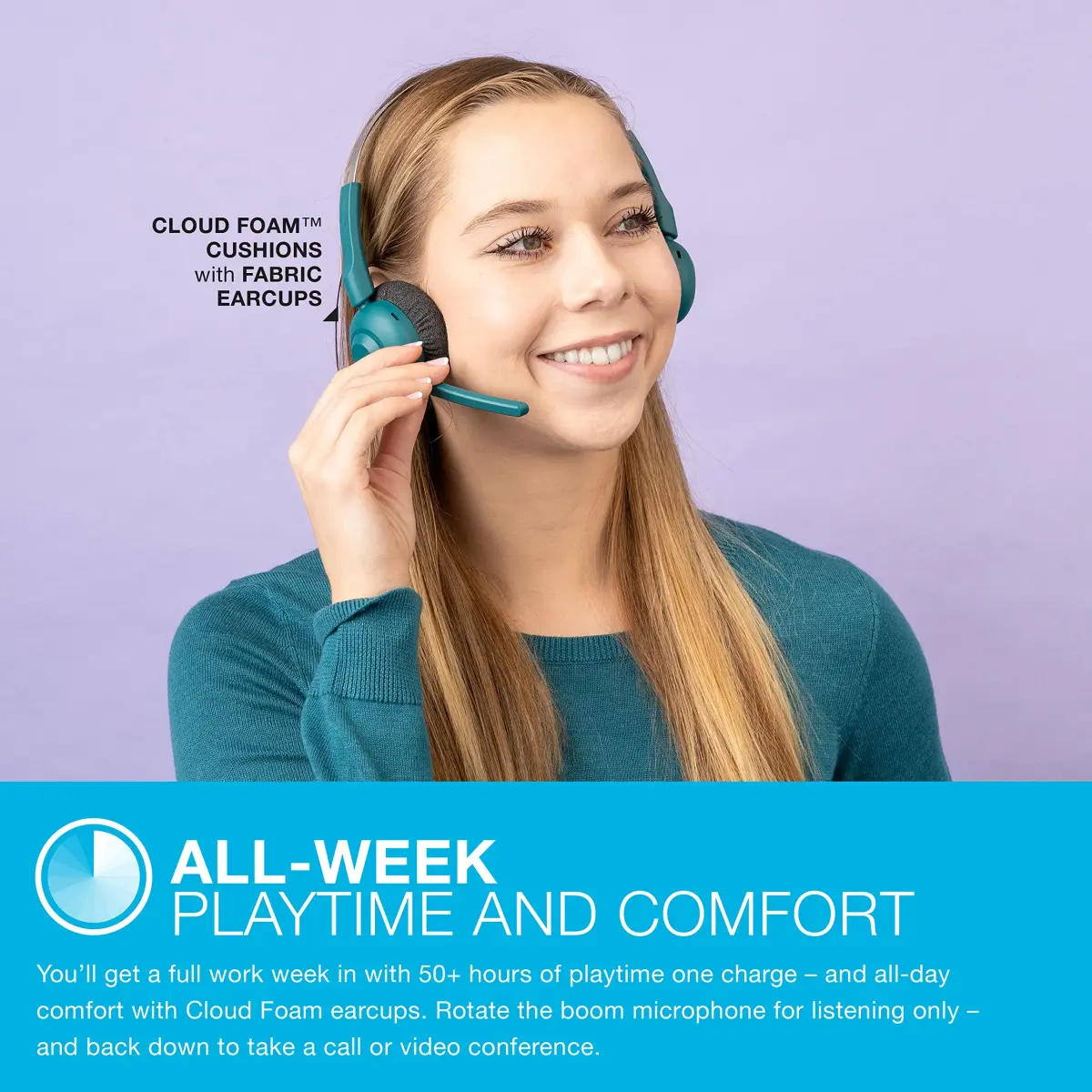 JLab Go Work Pop On-Ear Wireless Headset Teal | Bluetooth Multipoint Noise Canceling Boom Mic - view 5