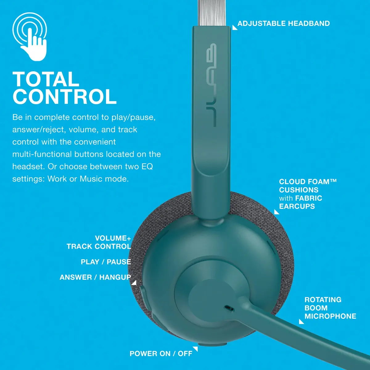 JLab Go Work Pop On-Ear Wireless Headset Teal | Bluetooth Multipoint Noise Canceling Boom Mic - view 6