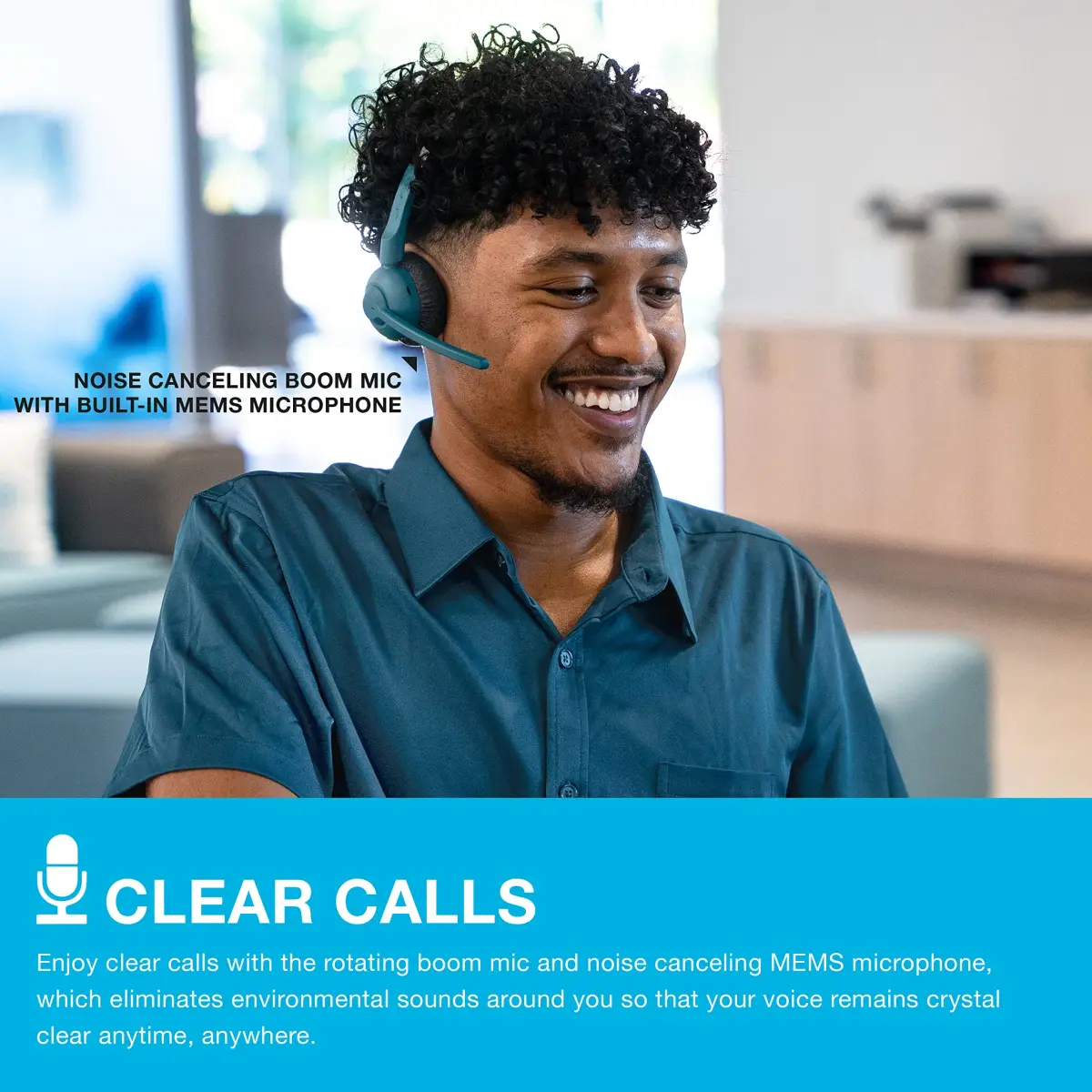 JLab Go Work Pop On-Ear Wireless Headset Teal | Bluetooth Multipoint Noise Canceling Boom Mic - view 4