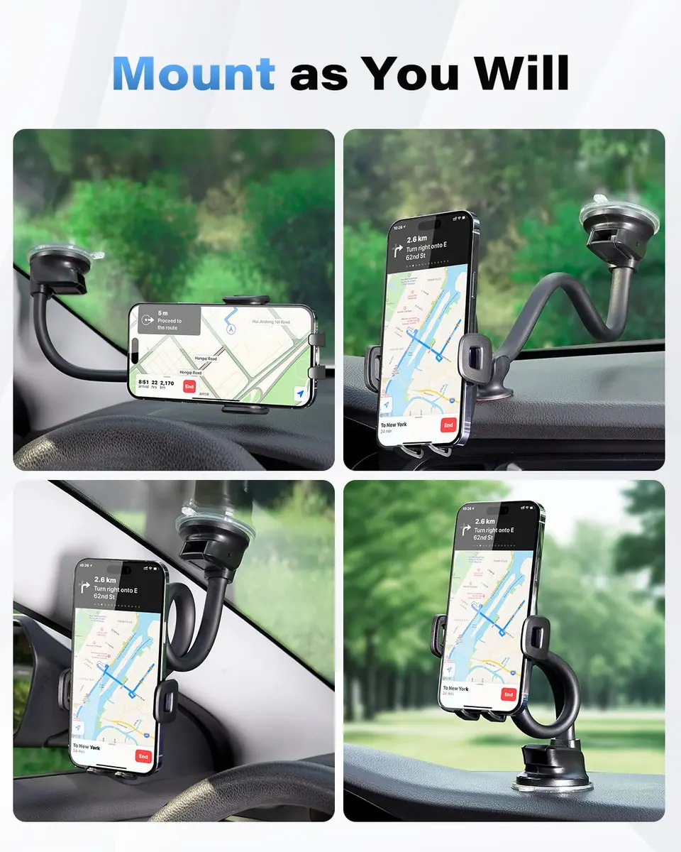 1Zero Solid Car Truck Phone Mount Holder Black with 14" Gooseneck Long Arm | 360° Rotation & Strong Suction - view 5