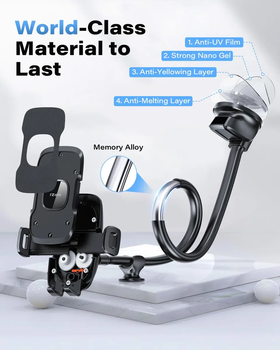 1Zero Solid Car Truck Phone Mount Holder Black with 14" Gooseneck Long Arm | 360° Rotation & Strong Suction - view 6
