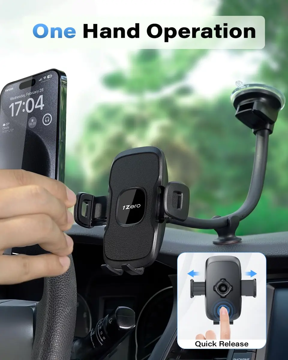1Zero Solid Car Truck Phone Mount Holder Black with 14" Gooseneck Long Arm | 360° Rotation & Strong Suction - view 3