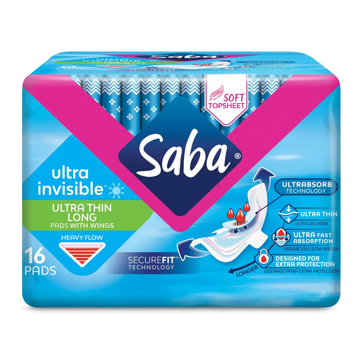 Saba Ultra Invisible Long Pads with Wings, Heavy Flow, 96 Count | Discreet, Heavy Absorbency, Soft & Breathable - main product image