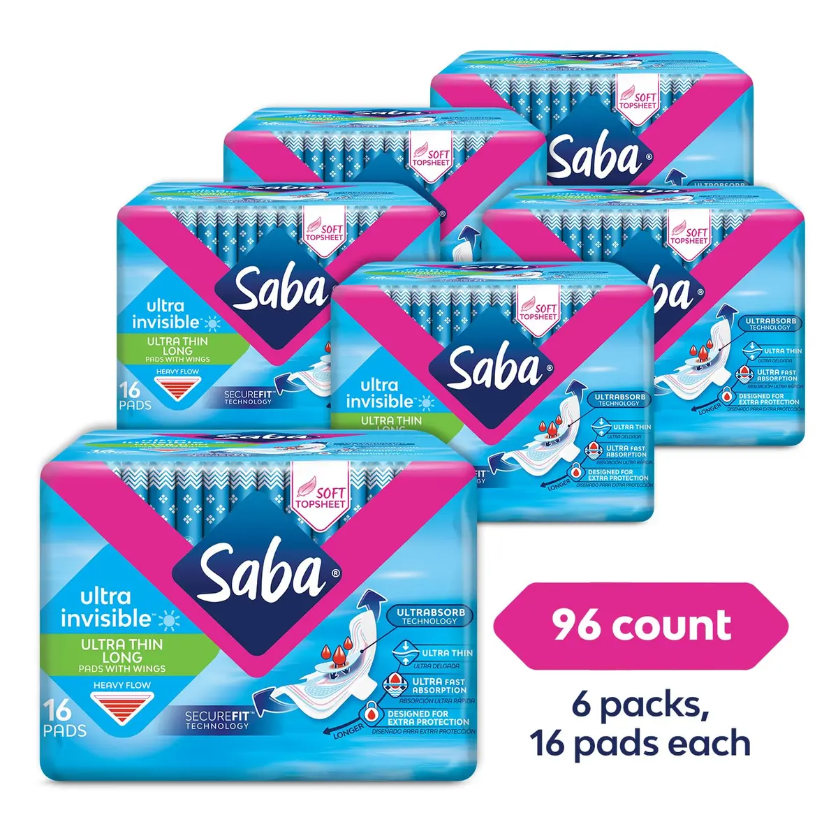 Saba Ultra Invisible Long Pads with Wings, Heavy Flow, 96 Count | Discreet, Heavy Absorbency, Soft & Breathable - view 2