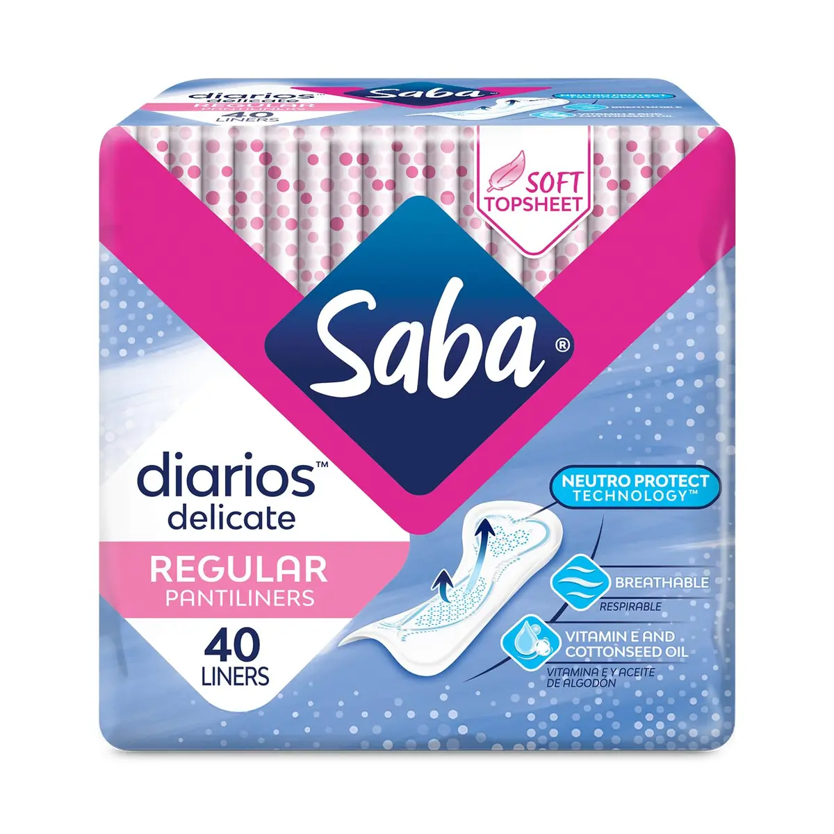 Saba Diarios Regular Delicate Panty Liners 40 Count | Unscented, Hypoallergenic, Breathable Daily Feminine Hygiene - main product image