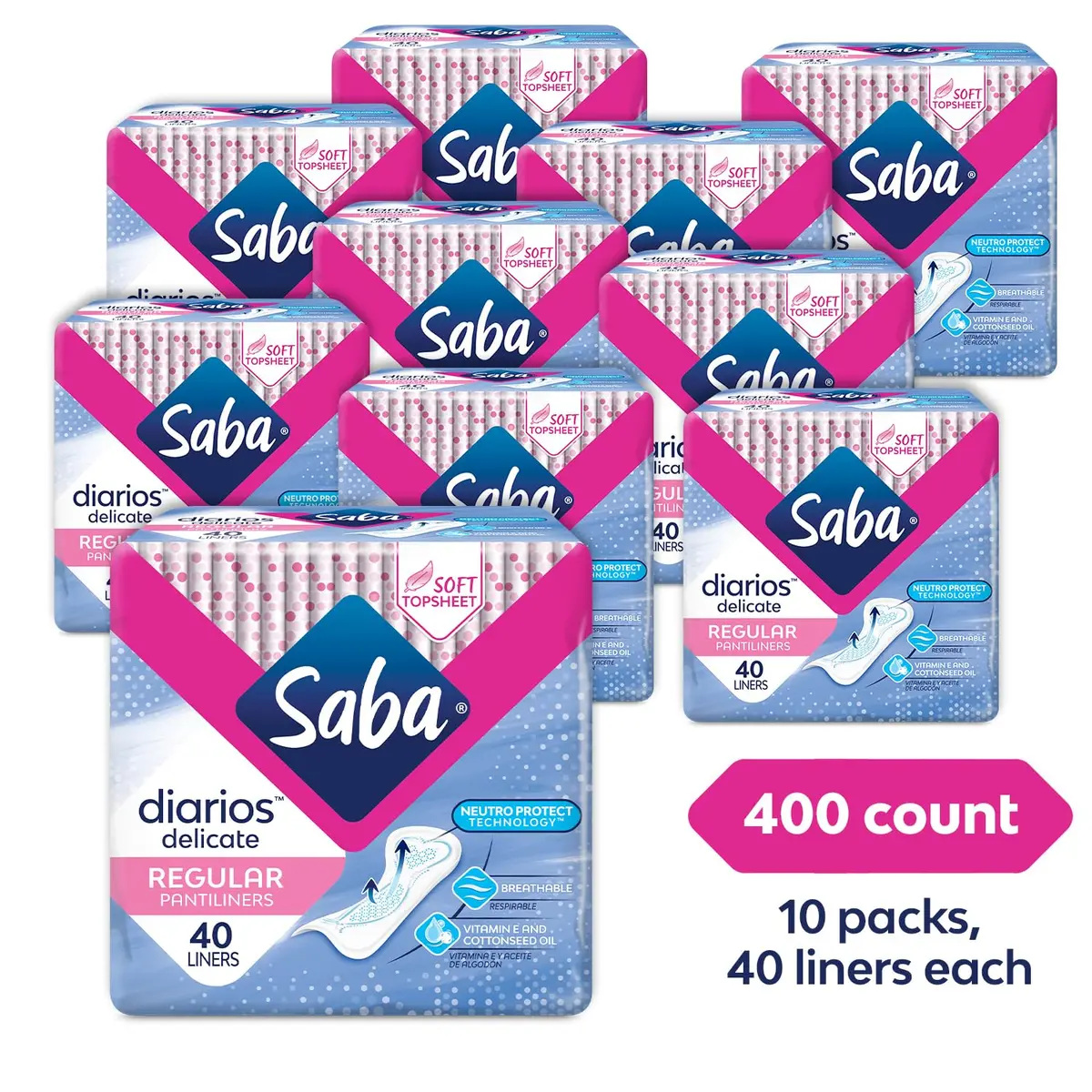 Saba Diarios Regular Delicate Panty Liners 40 Count | Unscented, Hypoallergenic, Breathable Daily Feminine Hygiene - view 2