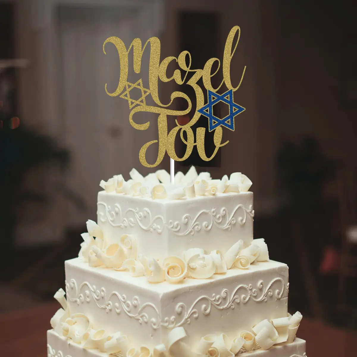 LINGBOOM Mazel Tov Cake Topper Gold Glitter Jewish Birthday 9.8*15 cm | Festive Cake Decoration with Hebrew Congratulations - view 5