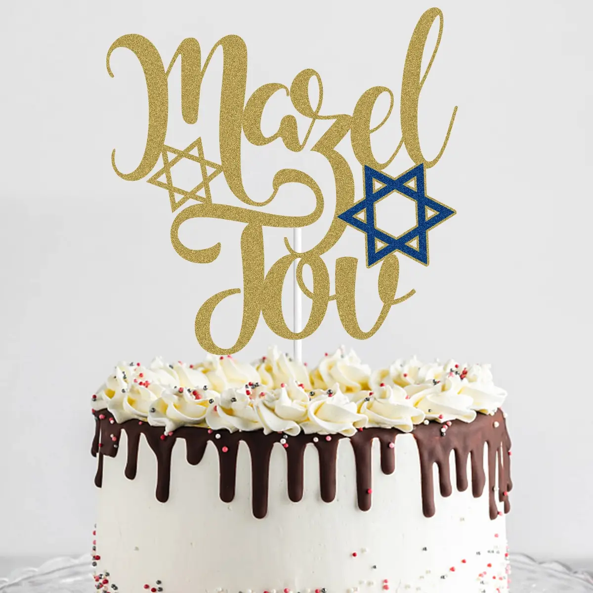 LINGBOOM Mazel Tov Cake Topper Gold Glitter Jewish Birthday 9.8*15 cm | Festive Cake Decoration with Hebrew Congratulations - view 4