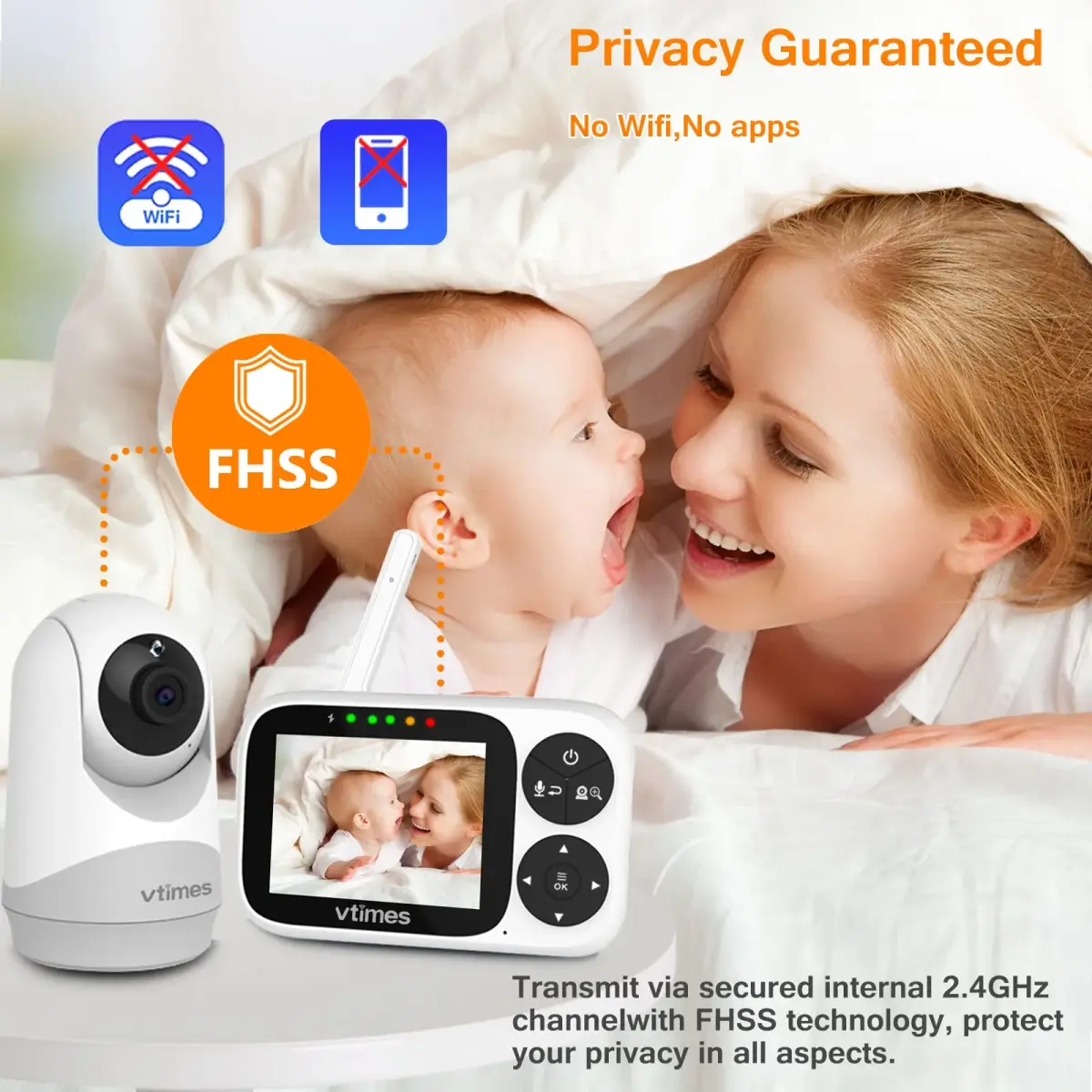 VTimes No WiFi Baby Camera Monitor 3.2" IPS Display | Secure 1000ft FHSS Connection - view 3