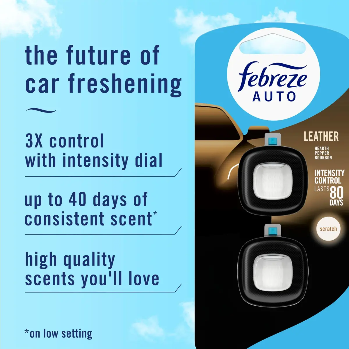 Febreze Car Vent Clip Air Freshener, Leather Scent, Eliminates Odors for 80 Days (Pack of 2) - view 2