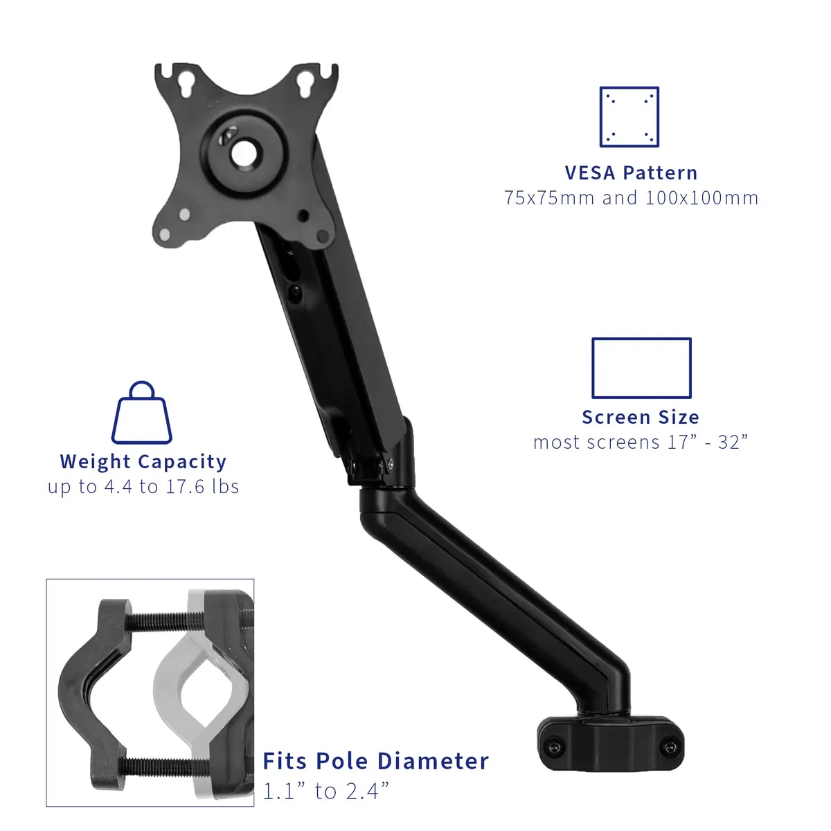 VIVO Black Pneumatic Pole Mounted Monitor Arm for 17-32 in Screens | Full Motion Articulating Arm - view 3