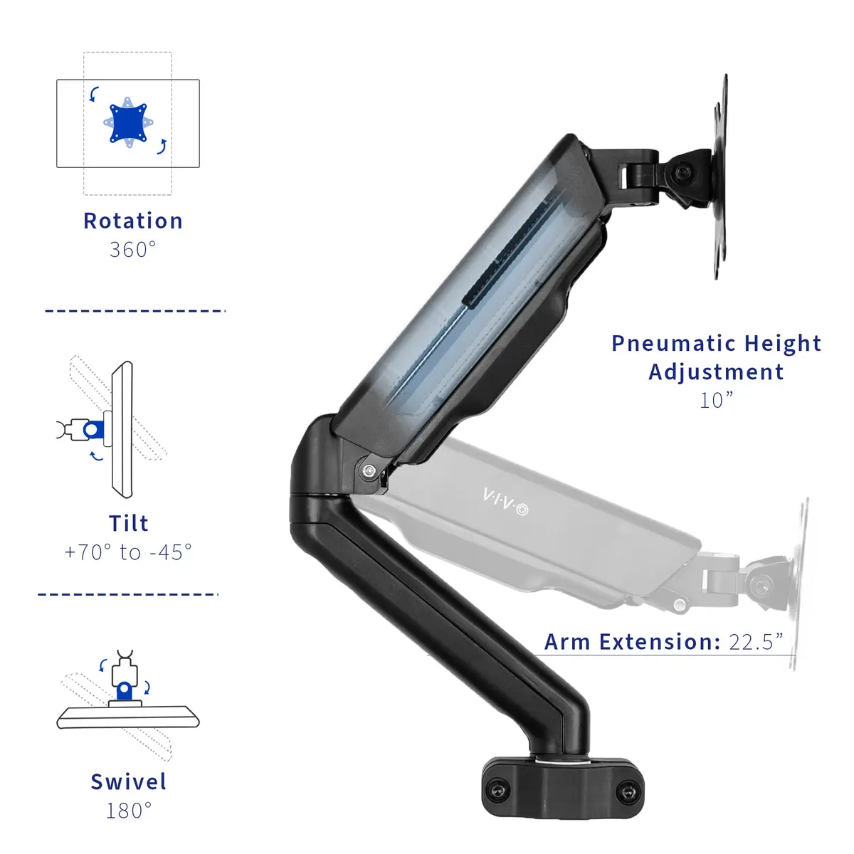 VIVO Black Pneumatic Pole Mounted Monitor Arm for 17-32 in Screens | Full Motion Articulating Arm - view 4