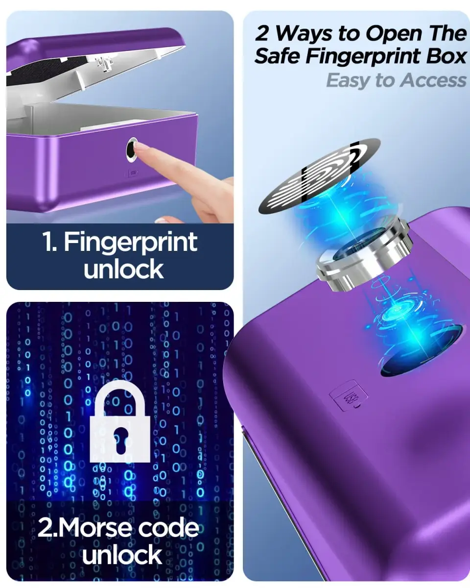 AICase Biometric Fingerprint Storage Box Purple | Portable Cash Jewelry Security Lock Box Safe with Combination Lock - view 2