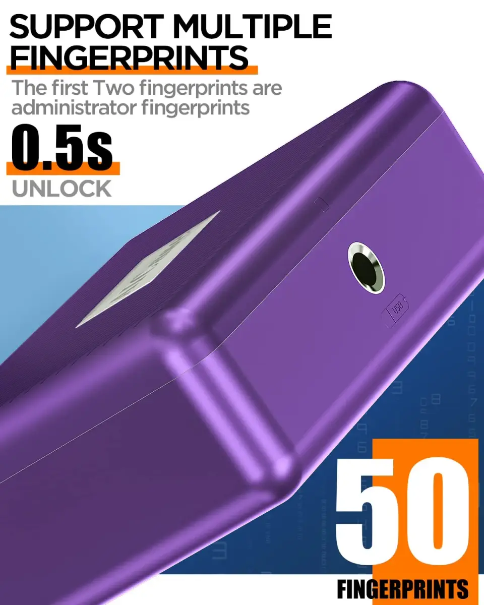 AICase Biometric Fingerprint Storage Box Purple | Portable Cash Jewelry Security Lock Box Safe with Combination Lock - view 3