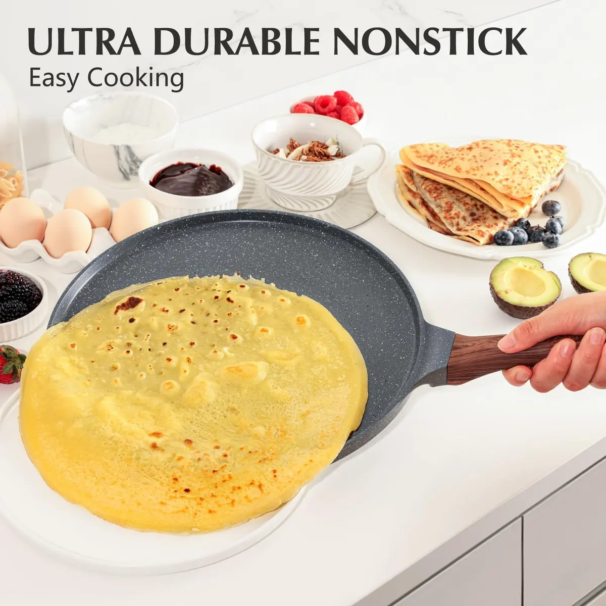 SENSARTE 12 Inch Nonstick Crepe Pan Granite Coating Pancake Pan Gray | Induction Compatible, Lightweight & Easy to Clean - view 3