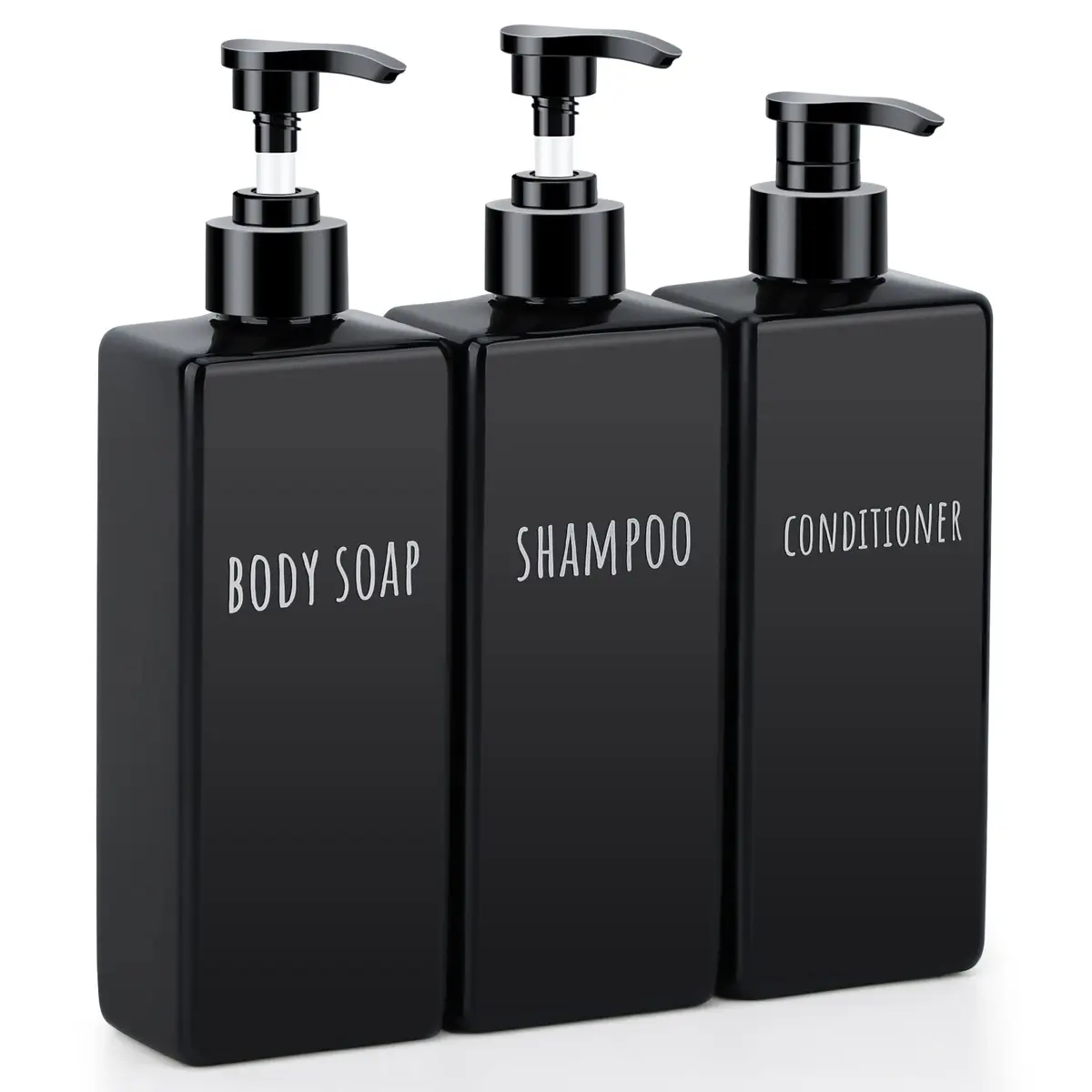 Segbeauty Black Plastic Square Soap Dispenser Set | 3pcs 500ml (16.9oz) Refillable Pump Bottles for Shampoo, Conditioner, Body Wash - main product image
