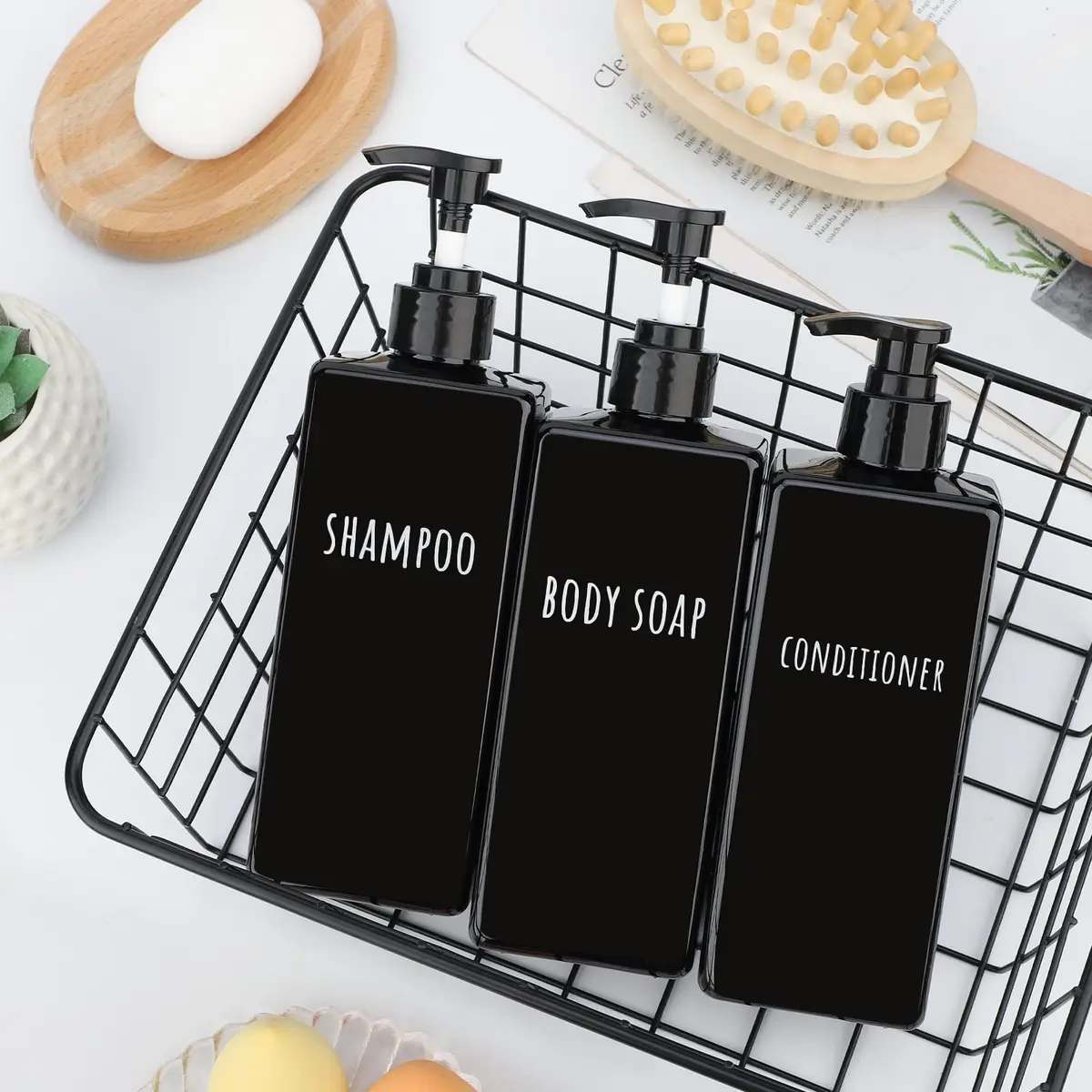 Segbeauty Black Plastic Square Soap Dispenser Set | 3pcs 500ml (16.9oz) Refillable Pump Bottles for Shampoo, Conditioner, Body Wash - view 6