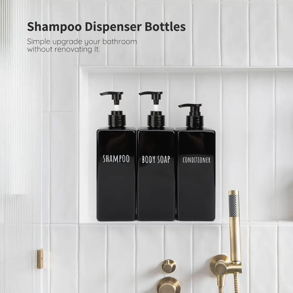 Segbeauty Black Plastic Square Soap Dispenser Set | 3pcs 500ml (16.9oz) Refillable Pump Bottles for Shampoo, Conditioner, Body Wash - view 2