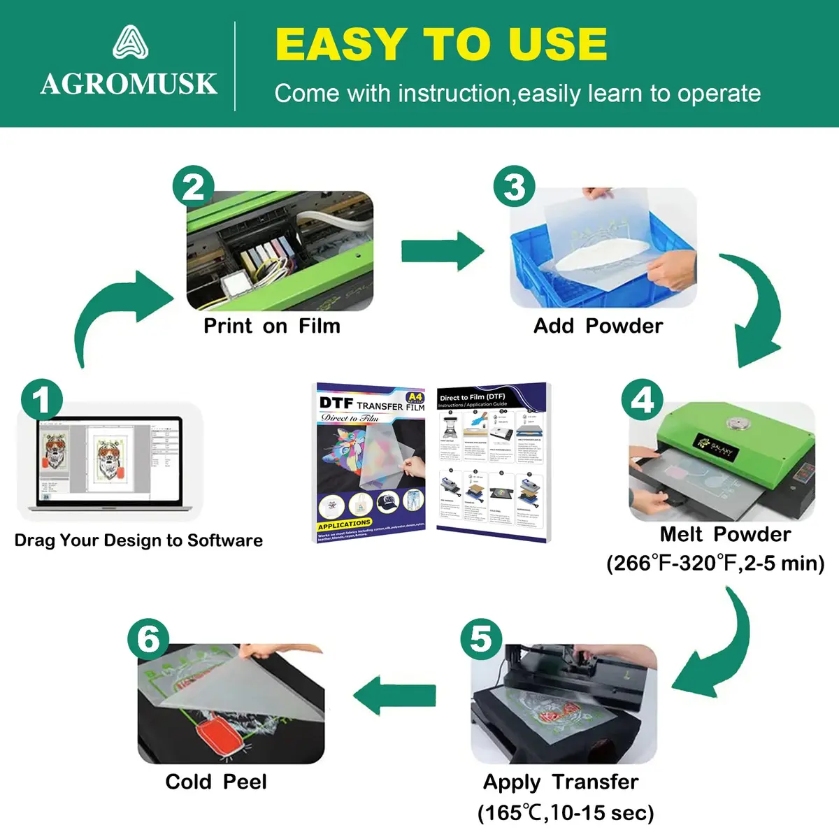 Agromusk DTF Transfer Film 8.3" x 11.7" (A4 Size) 50 Sheets PET Direct to Film Transfer Paper | For All DTF/DTG Printers - view 5