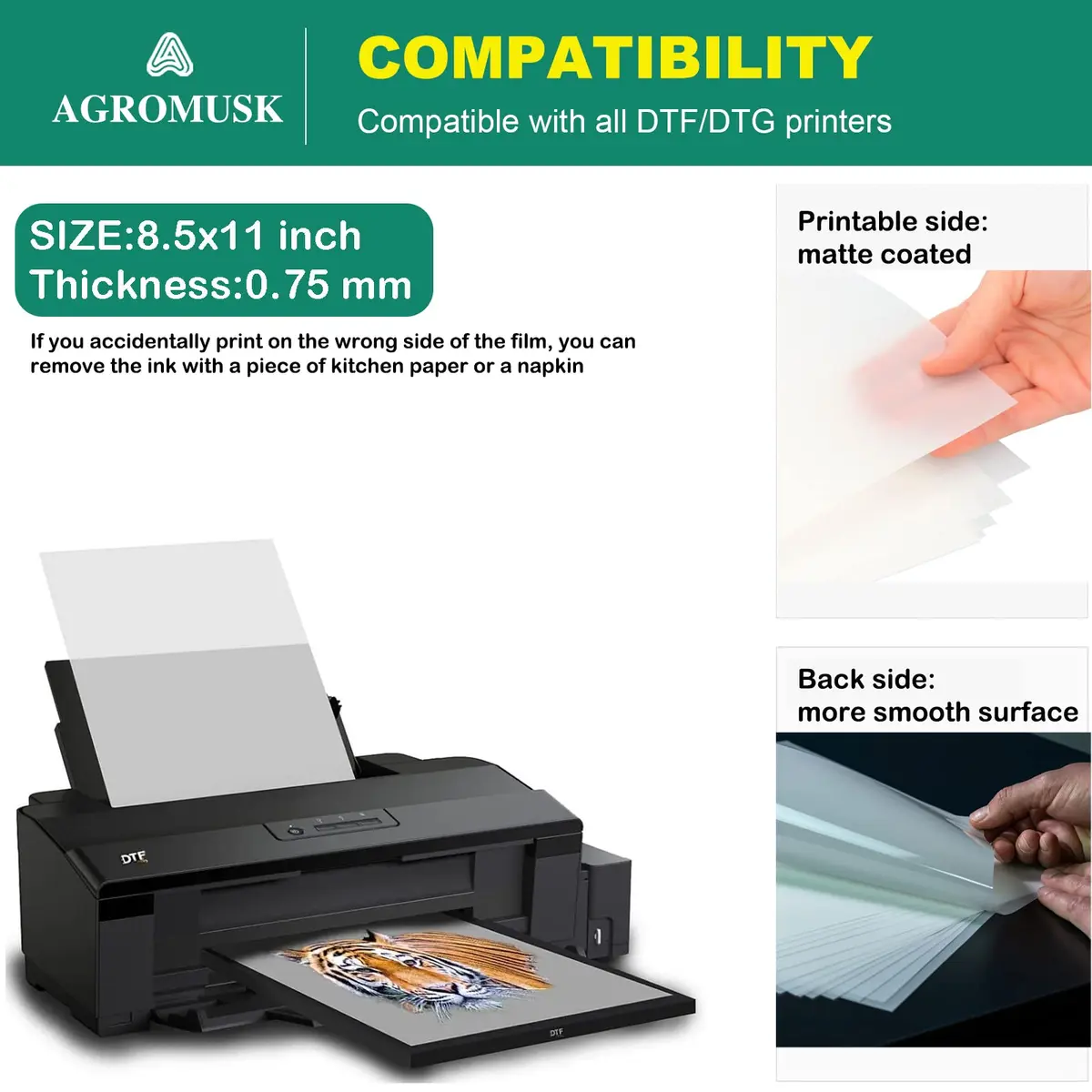 Agromusk DTF Transfer Film 8.3" x 11.7" (A4 Size) 50 Sheets PET Direct to Film Transfer Paper | For All DTF/DTG Printers - view 3