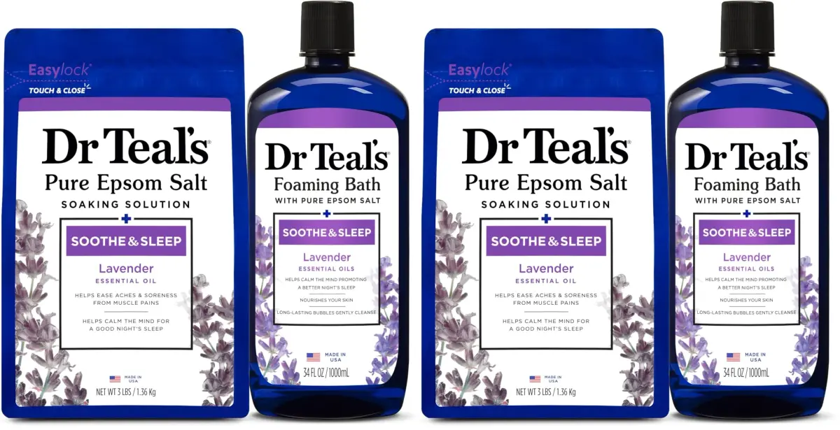 Dr Teal's Epsom Salt Soaking Solution & Foaming Bath Combo Pack, Lavender - 3 lb Salt & 34 fl oz Foaming Bath | Soothes Body & Mind - main product image