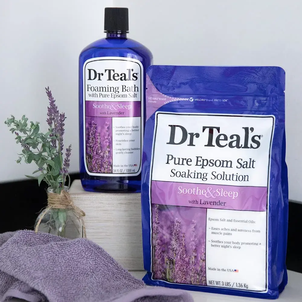 Dr Teal's Epsom Salt Soaking Solution & Foaming Bath Combo Pack, Lavender - 3 lb Salt & 34 fl oz Foaming Bath | Soothes Body & Mind - view 5
