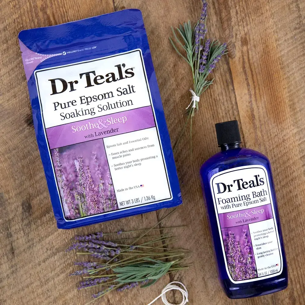 Dr Teal's Epsom Salt Soaking Solution & Foaming Bath Combo Pack, Lavender - 3 lb Salt & 34 fl oz Foaming Bath | Soothes Body & Mind - view 6