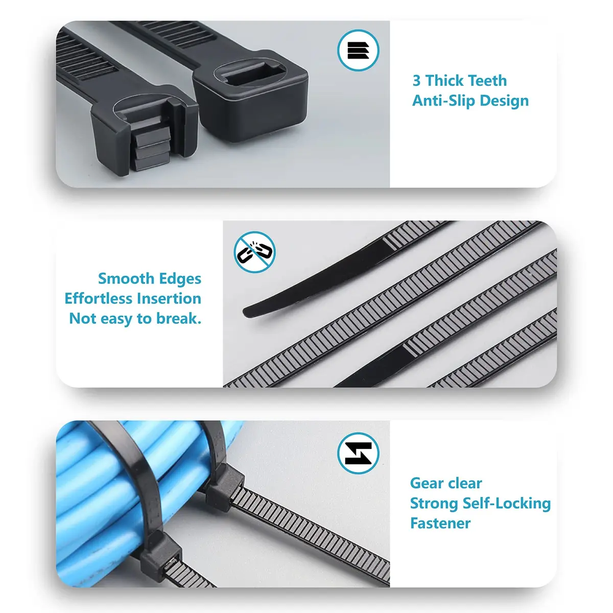 ANOSON Zip Ties Assorted Sizes 4"+6"+8"+12" | UV Resistant Nylon, 2000 Pack, Black - view 4