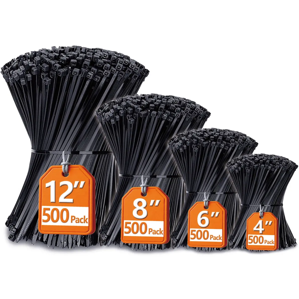ANOSON Zip Ties Assorted Sizes 4"+6"+8"+12" | UV Resistant Nylon, 2000 Pack, Black - main product image