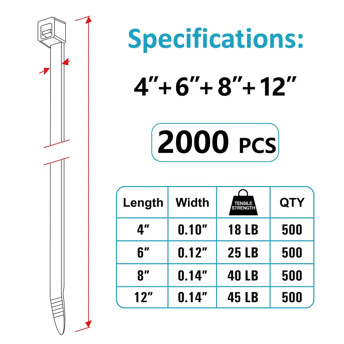 ANOSON Zip Ties Assorted Sizes 4"+6"+8"+12" | UV Resistant Nylon, 2000 Pack, Black - view 2