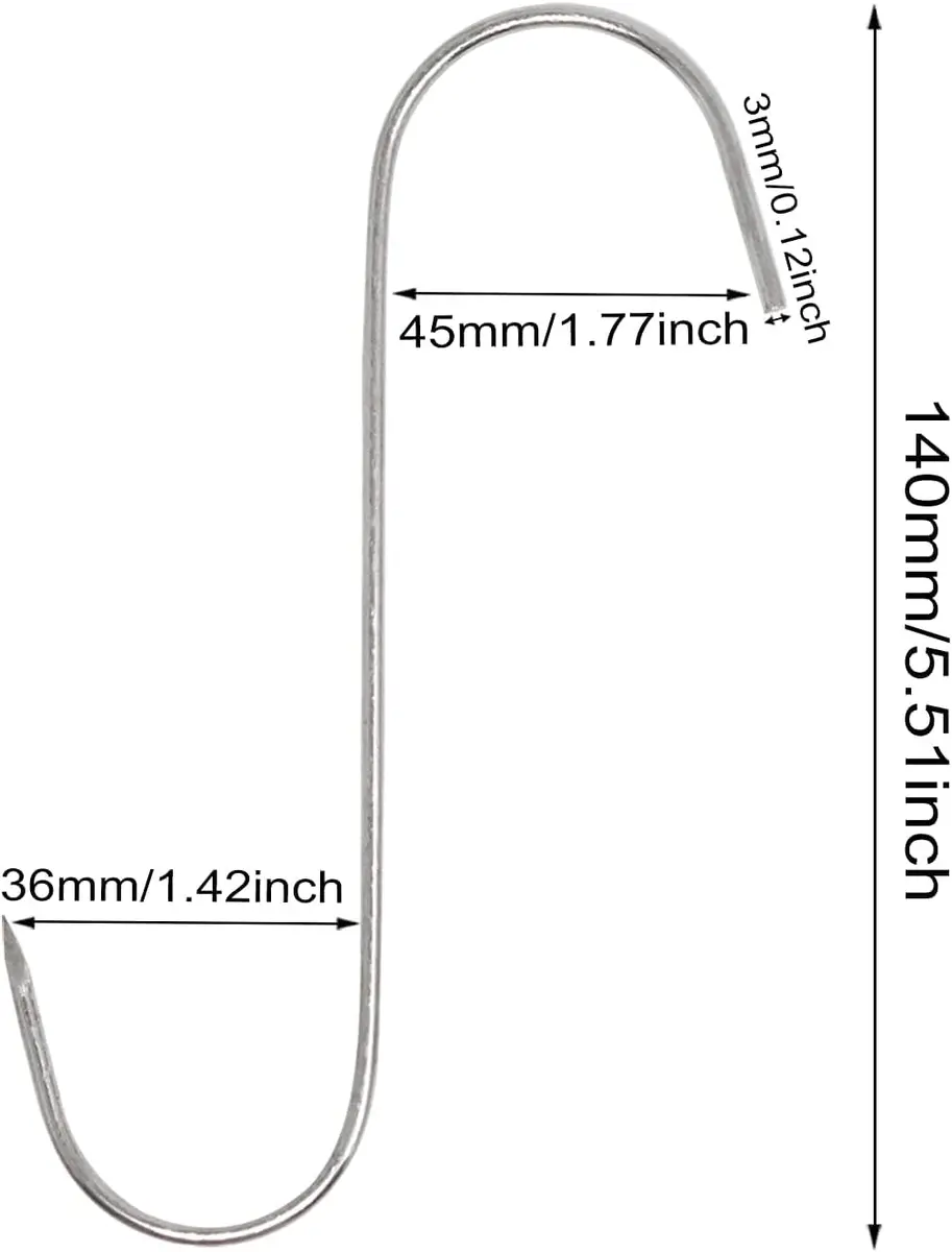 GERUSEA 304 Stainless Steel Meat Hooks 13cm (5.12in) - Pack of 20 | Heavy Duty Butcher Hooks for Smoking, Drying, BBQ - view 3