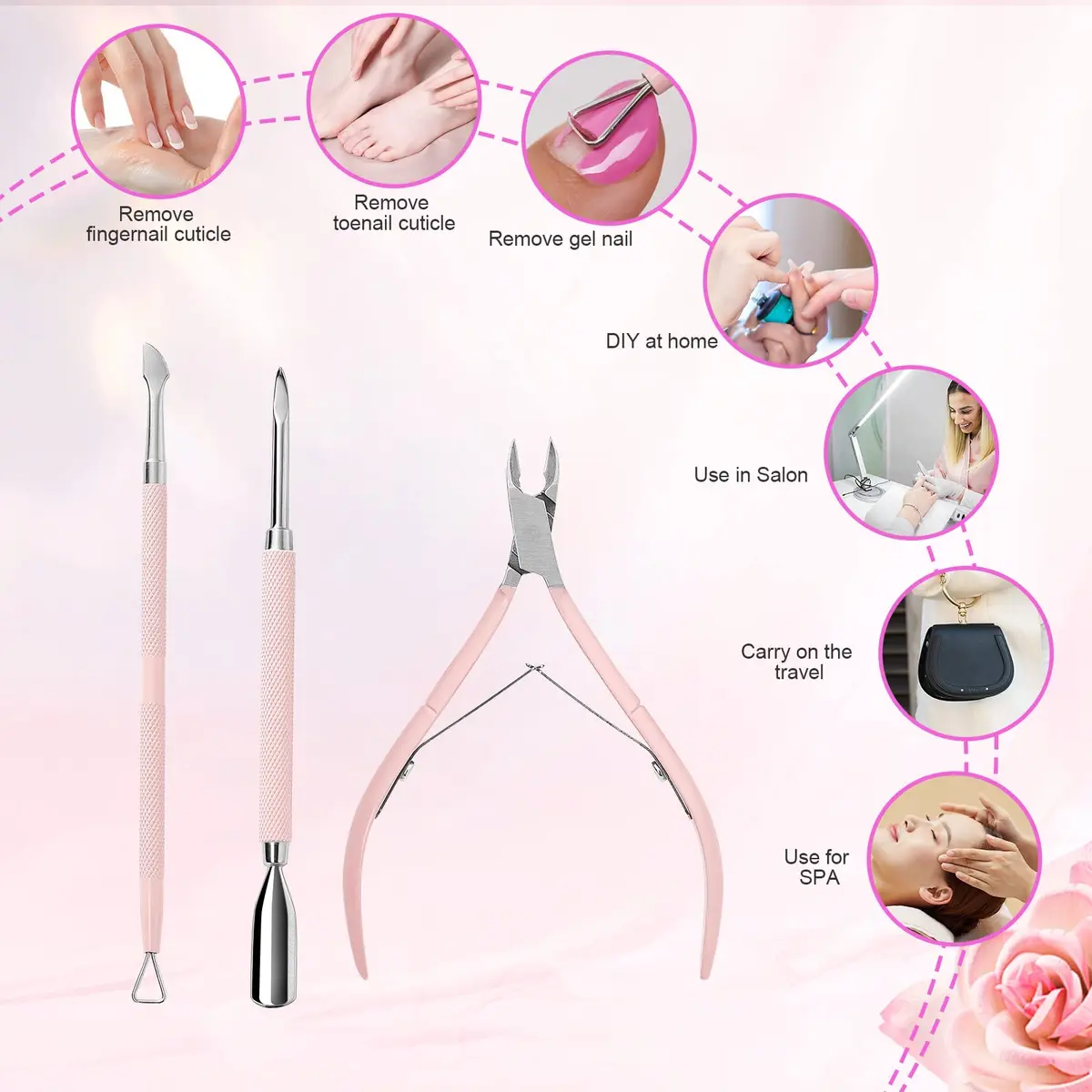 Makartt Pink 3 Pcs Cuticle Nipper Set with Pusher & Scraper | Professional Stainless Steel Nail Care Tools - view 8