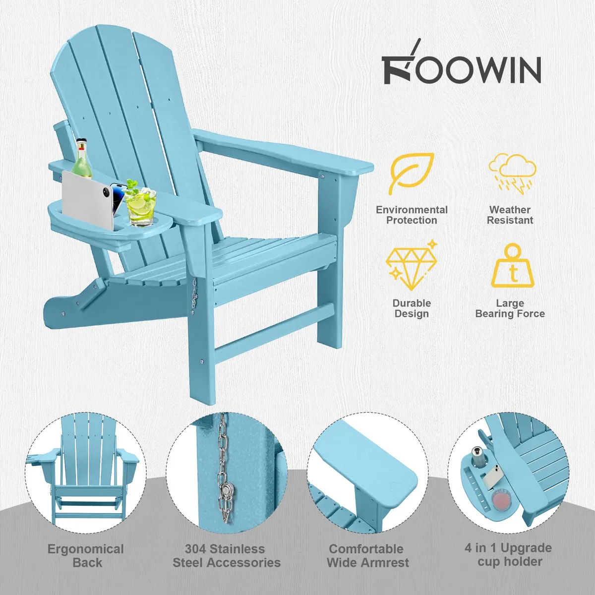 FOOWIN Folding Adirondack Chair Set of 2 | Weatherproof HDPE, 400 lbs Capacity, Ergonomic Design - view 6