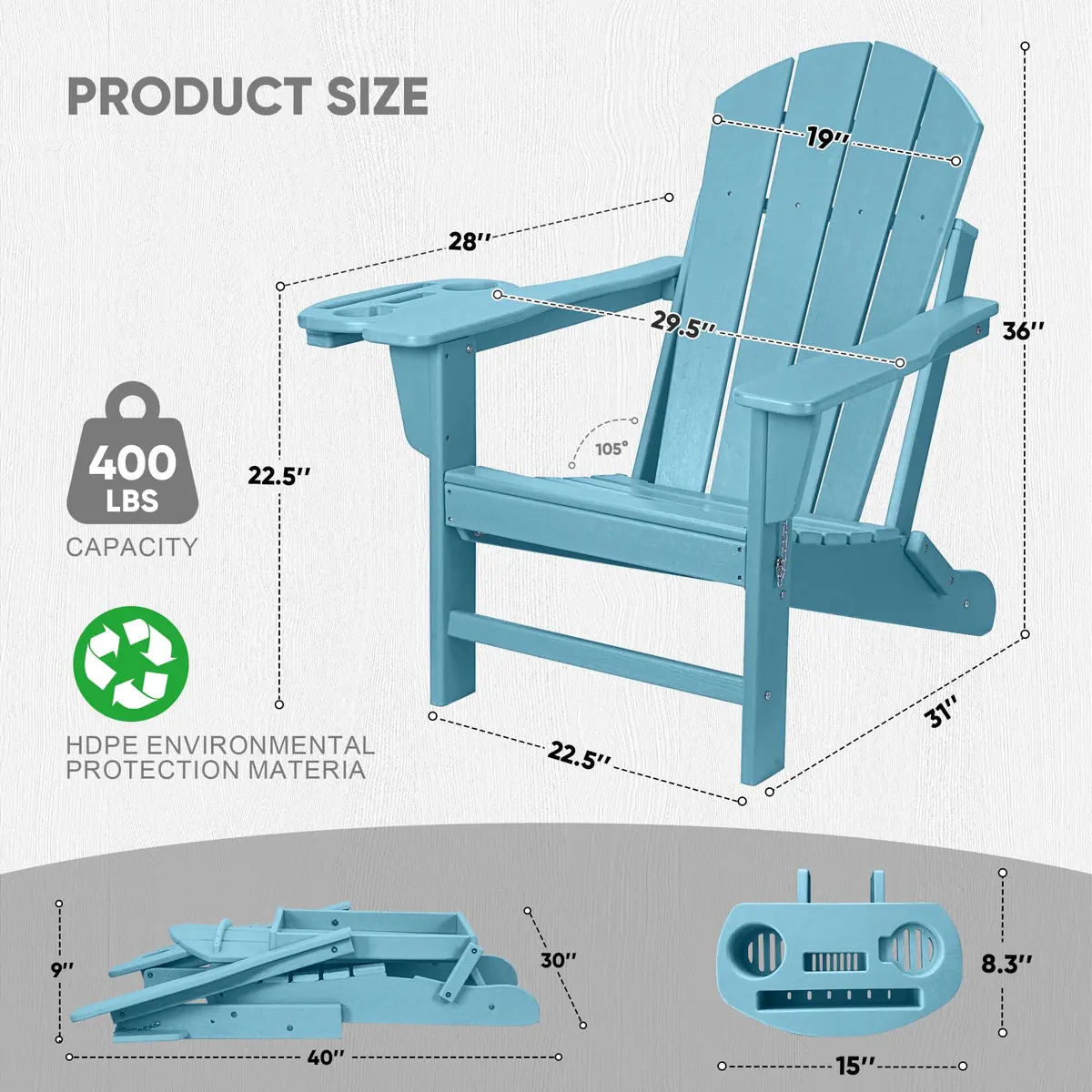 FOOWIN Folding Adirondack Chair Set of 2 | Weatherproof HDPE, 400 lbs Capacity, Ergonomic Design - view 2