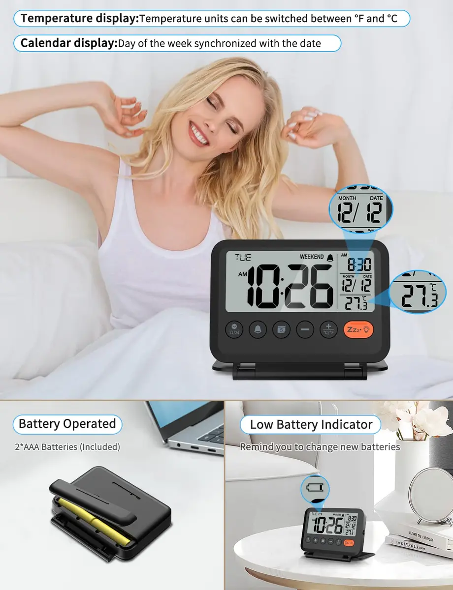 MeesMeek 6201 Digital Travel Alarm Clock 10.0 cm (4 in) | Battery Operated with Backlight & Temperature - view 5