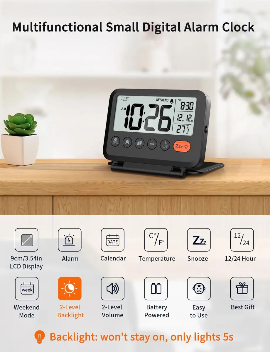 MeesMeek 6201 Digital Travel Alarm Clock 10.0 cm (4 in) | Battery Operated with Backlight & Temperature - view 2