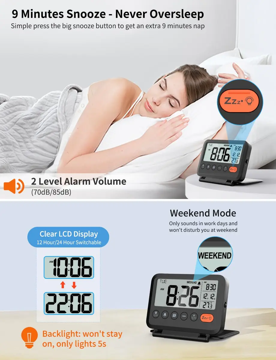 MeesMeek 6201 Digital Travel Alarm Clock 10.0 cm (4 in) | Battery Operated with Backlight & Temperature - view 3