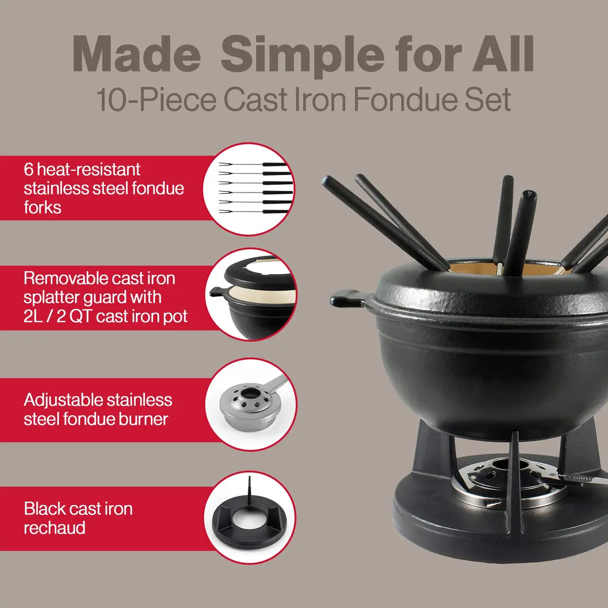 Swissmar Lucerne Cast Iron Fondue Set, 10-Piece, 2 Liter | Elegant & Versatile Enamel Pot for Cheese, Chocolate & Meat - view 6
